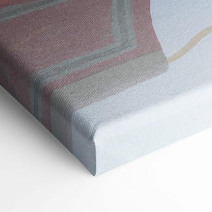 Contemporary flying books canvas wall art with abstract geometric patterns in muted reds grays and beige tones