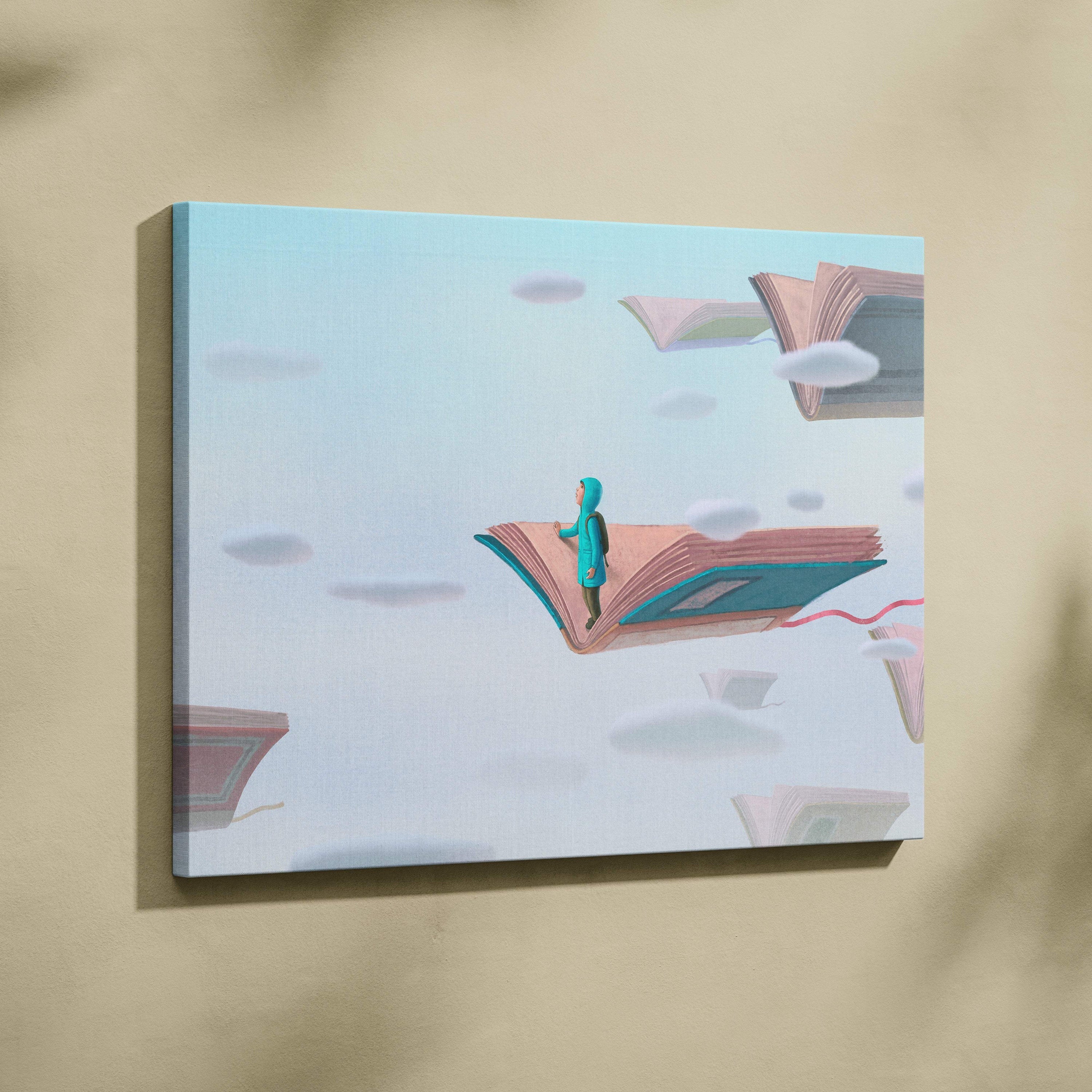 Contemporary flying books canvas wall art showing a child in teal on an open book floating among books in a soft sky background