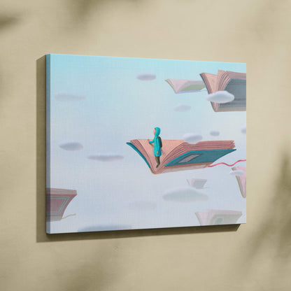 Contemporary flying books canvas wall art showing a child in teal on an open book floating among books in a soft sky background