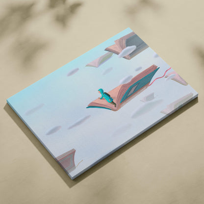 Contemporary canvas wall art of a turquoise turtle on an open book floating among books with a soft blue sky backdrop