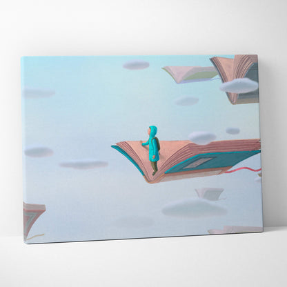 Contemporary flying books canvas wall art with whimsical child in teal on floating open book and blue sky background
