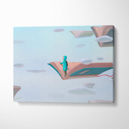 Contemporary flying books canvas wall art featuring a child in teal clothing on an open book against a soft sky