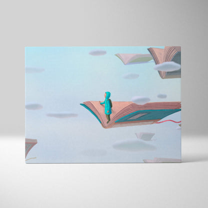 Whimsical contemporary canvas wall art featuring a child in teal on an open book among floating books against blue sky