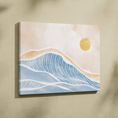 Minimalist boho coastal wave canvas print with blue beige waves and golden sun for beach house decor