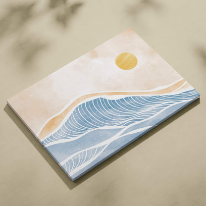 Boho coastal wave canvas wall art with minimalist blue beige wavy lines golden sun and textured earthy tones