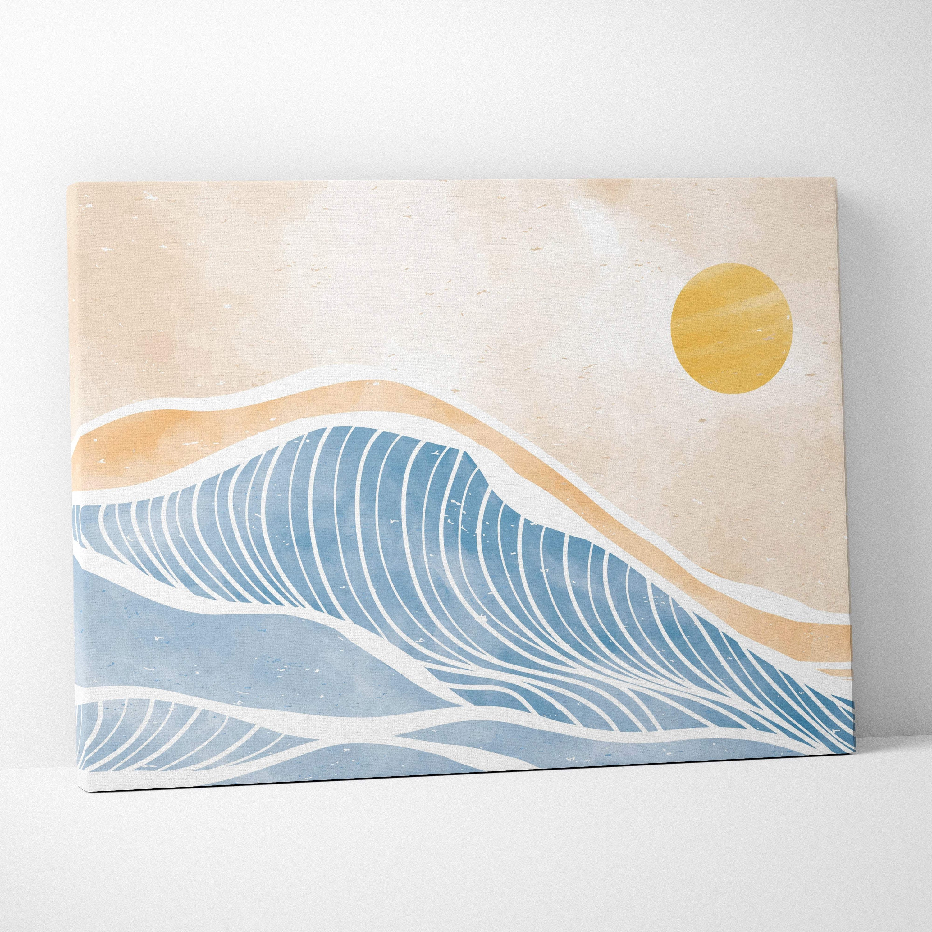 Boho coastal wave canvas wall art with stylized blue waves white lines warm yellow sun on beige textured sky