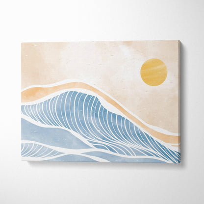 Beige canvas print featuring stylized blue ocean waves with white lines and golden sun for boho coastal decor