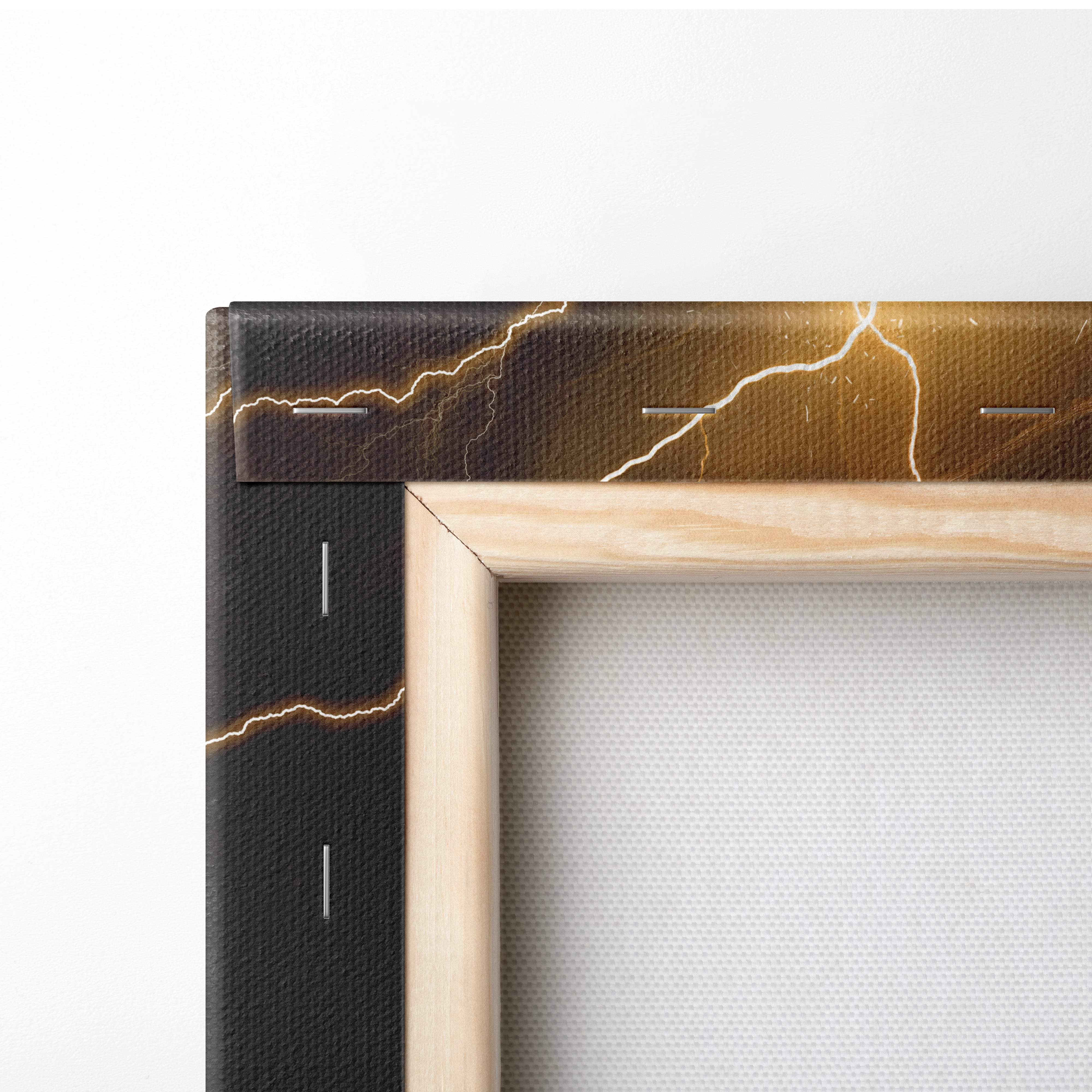 A canvas print featuring a golden-yellow lightning bolt design on a dark textured background with a light wooden frame