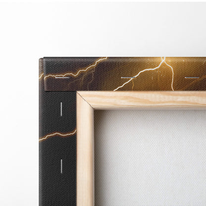 A canvas print featuring a golden-yellow lightning bolt design on a dark textured background with a light wooden frame