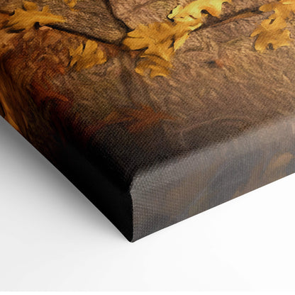 Lightning paladin warrior canvas wall art with textured earthy brown background and golden oak leaves design