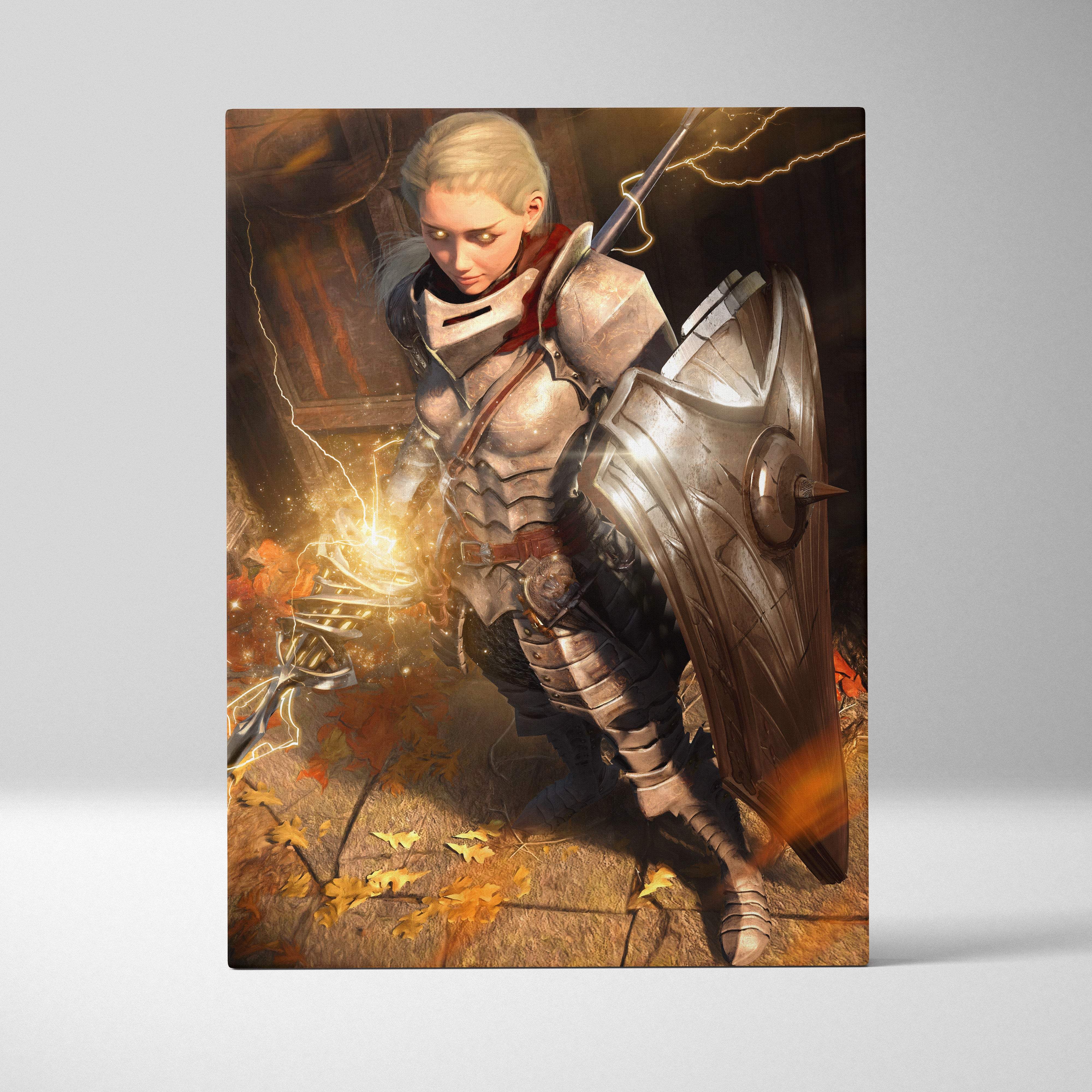 Rectangular canvas print of a blonde armored female knight with silver armor holding a shield and sword in lightning and autumn leaves background
