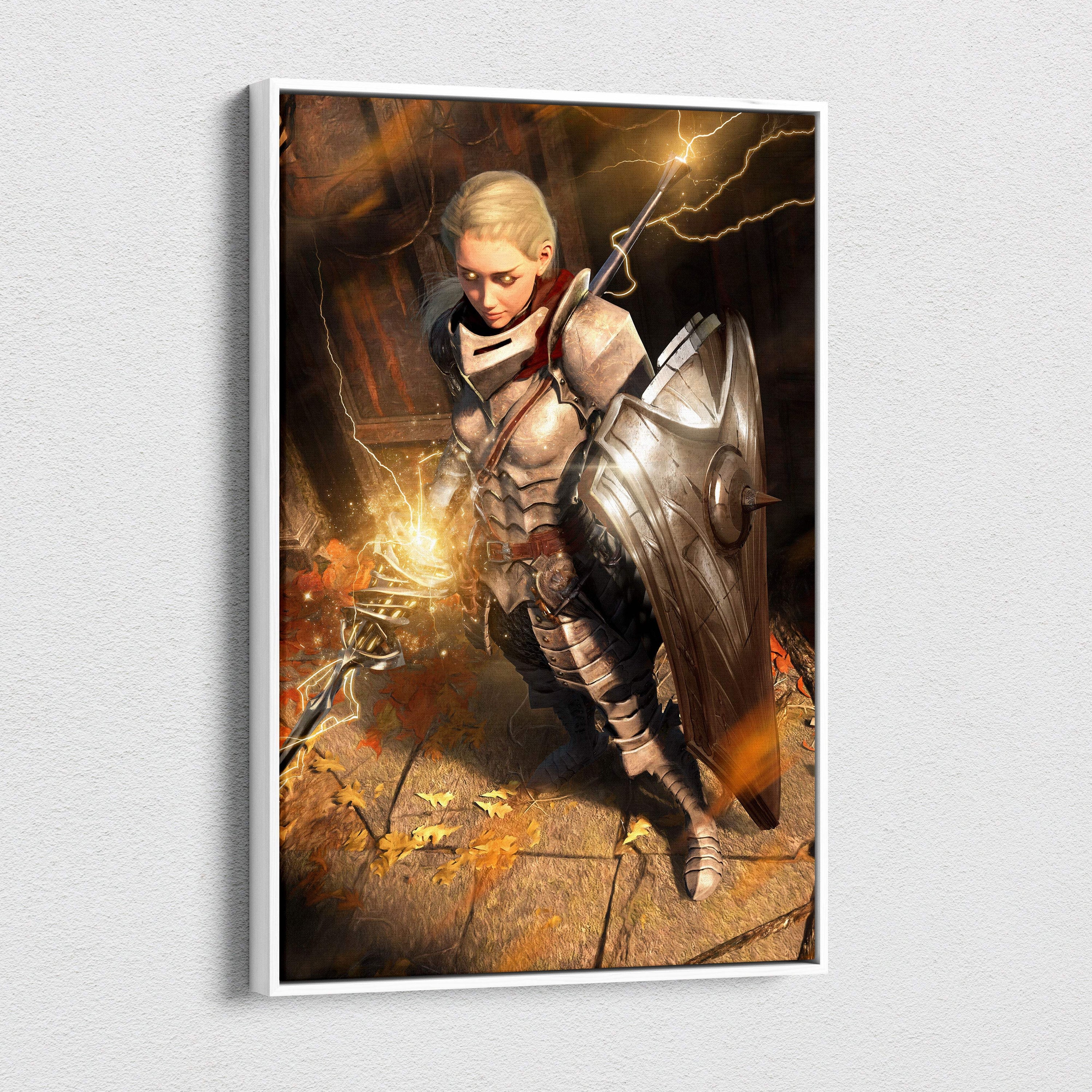 A framed canvas print of a female warrior in silver armor holding a shield and sword with lightning and autumn leaves