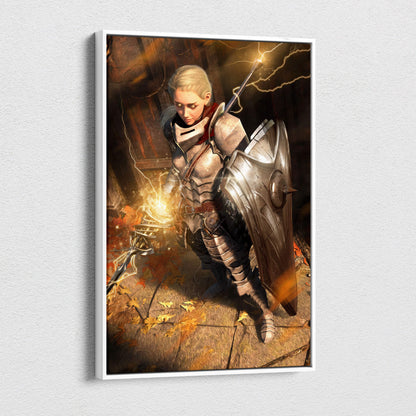 A framed canvas print of a female warrior in silver armor holding a shield and sword with lightning and autumn leaves