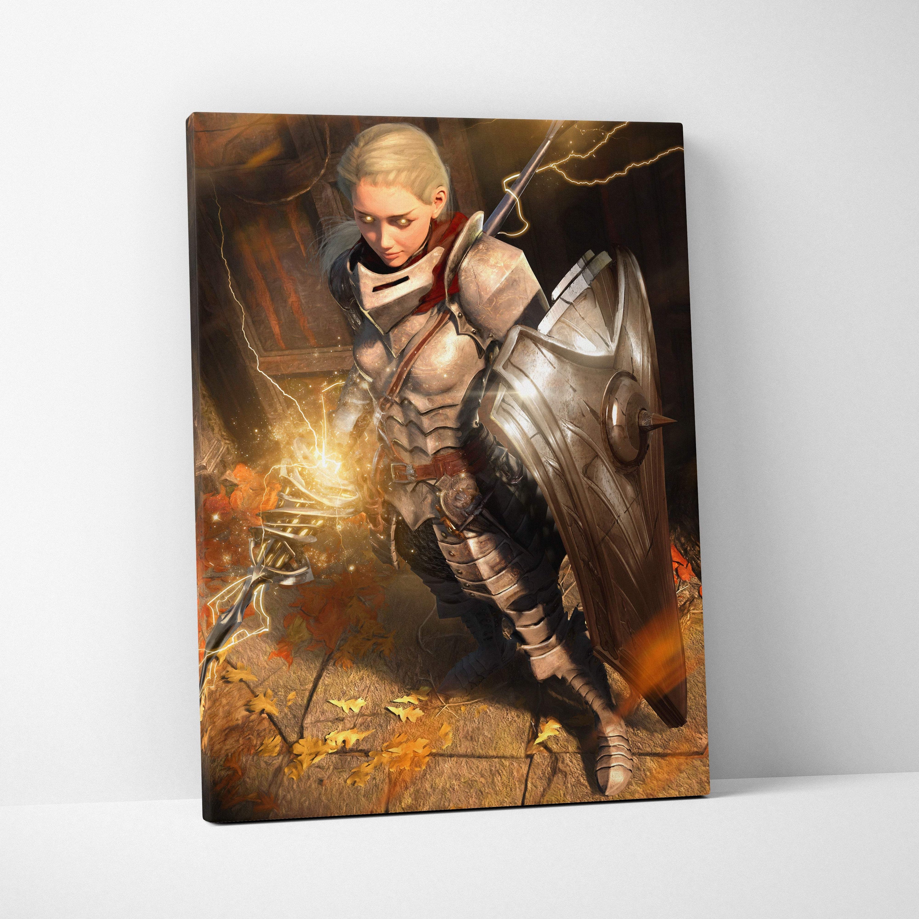 A framed canvas print of a female warrior in silver armor with shield against lightning and autumn leaves backdrop