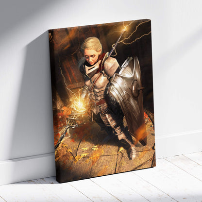 A framed canvas print of a blonde armored female knight with shield and glowing weapon in a fiery lightning battle scene