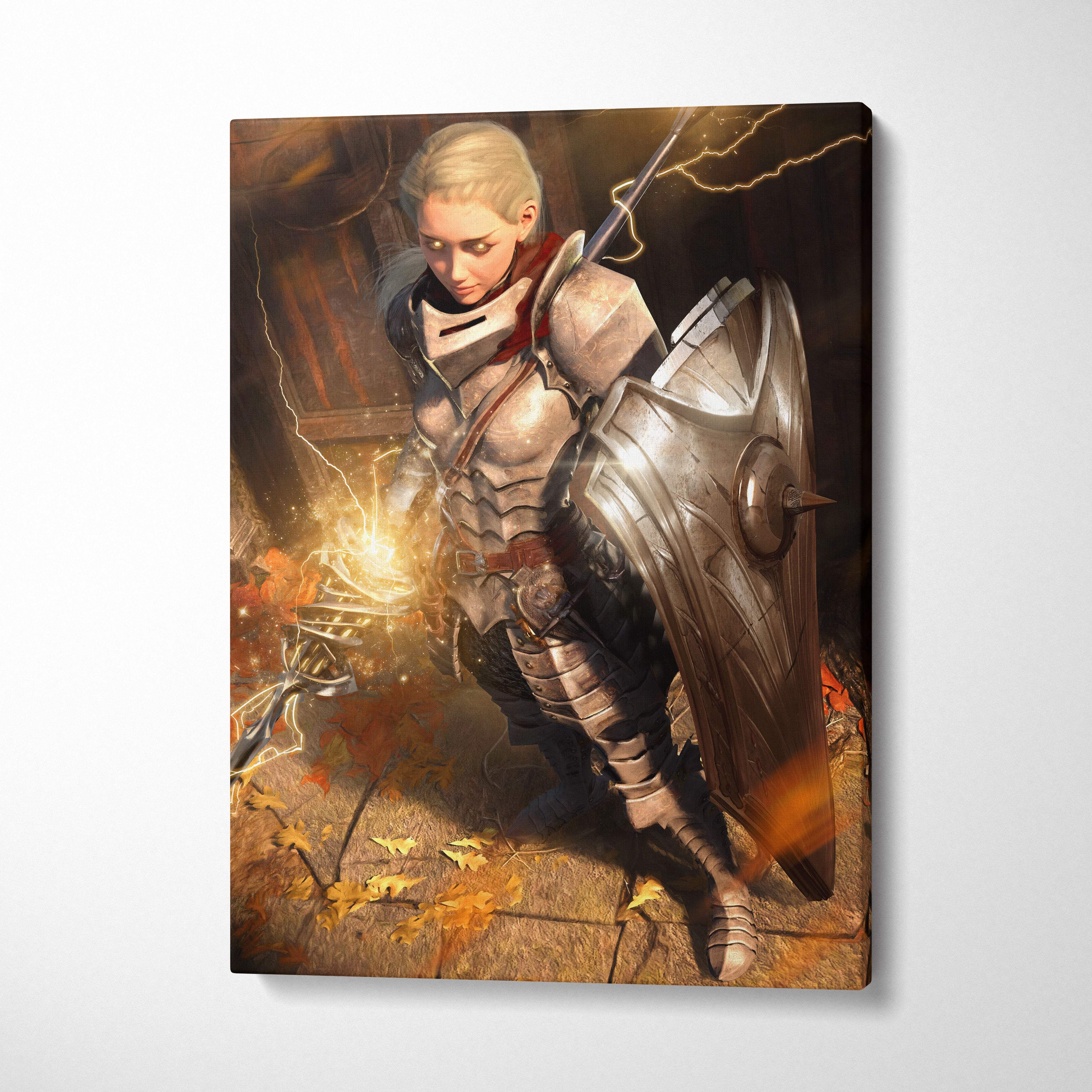 A framed canvas print of a female knight in silver armor holding shield and sword with lightning and autumn leaves