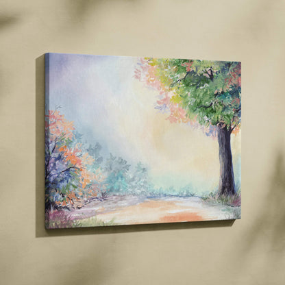 Autumn forest watercolor canvas with colorful trees, pink green leaves, golden light