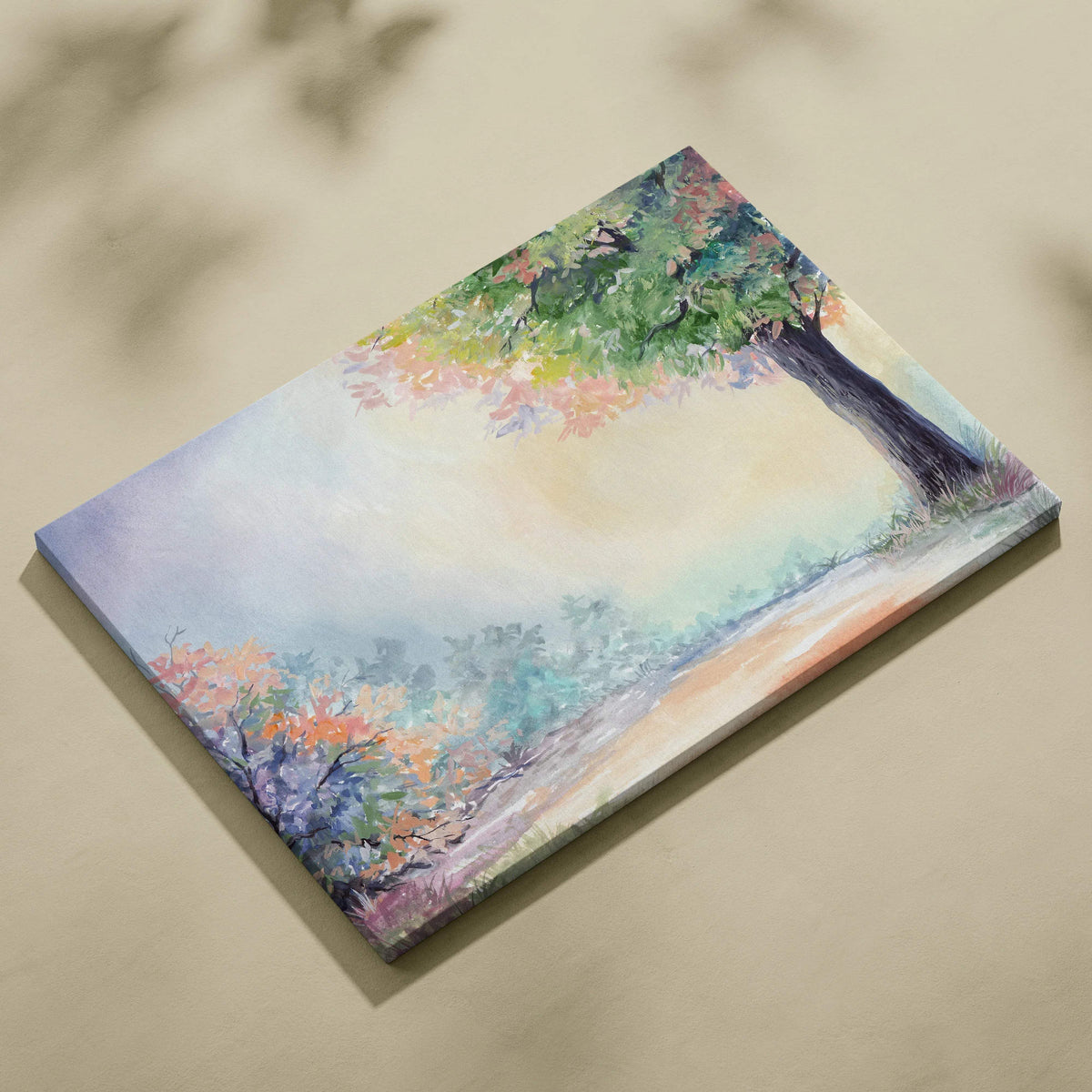 Autumn forest watercolor canvas with colorful trees, misty path, golden light