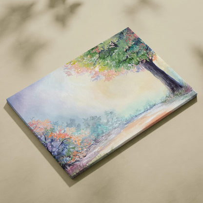 Autumn forest watercolor canvas with colorful trees, misty path, golden light