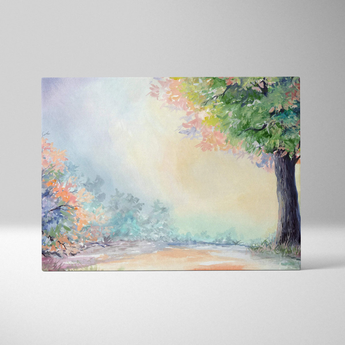 Autumn forest watercolor canvas with colorful trees, misty sky and golden light