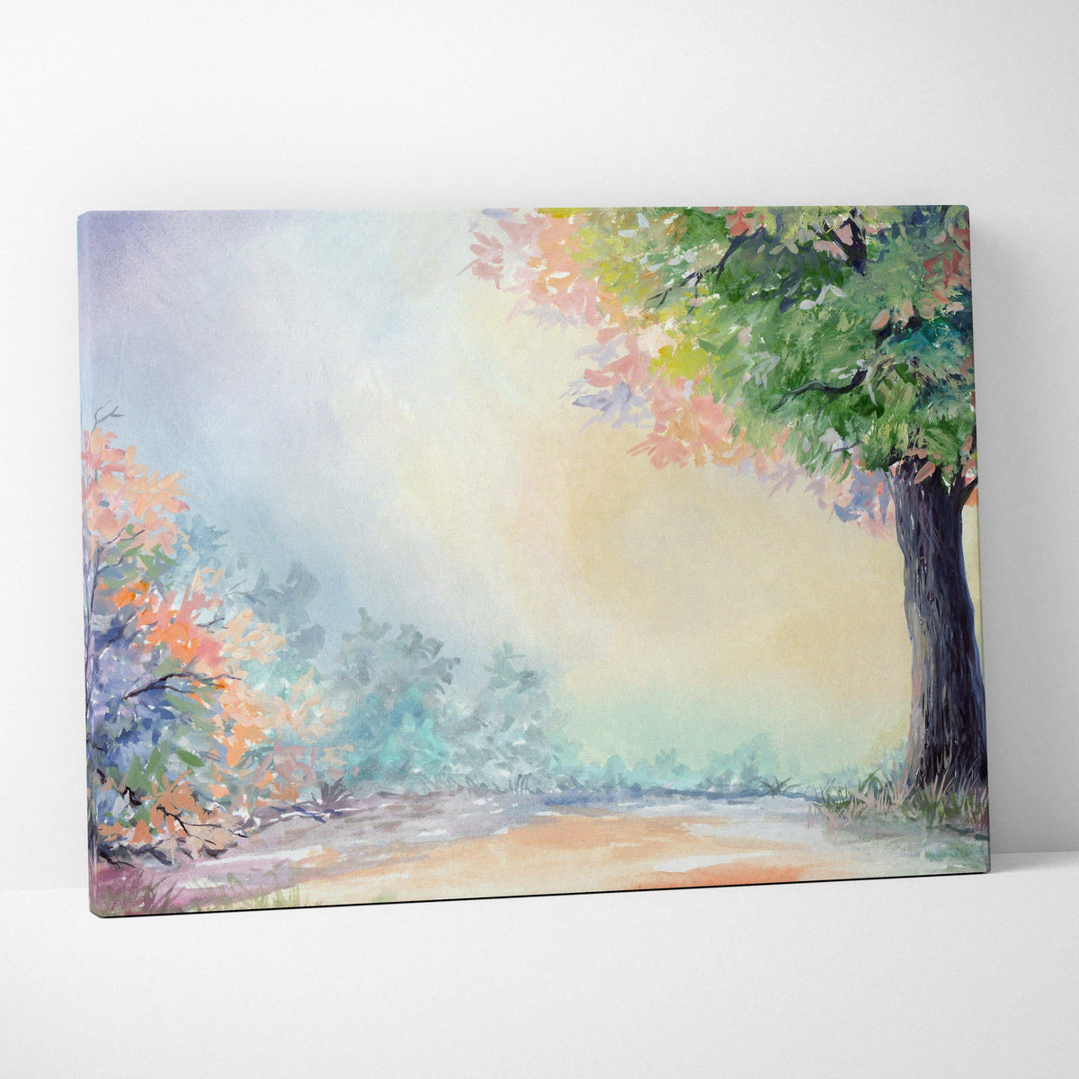 Autumn forest watercolor canvas with colorful trees, misty pastel sky