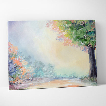 Autumn forest watercolor canvas with colorful trees, misty pastel sky