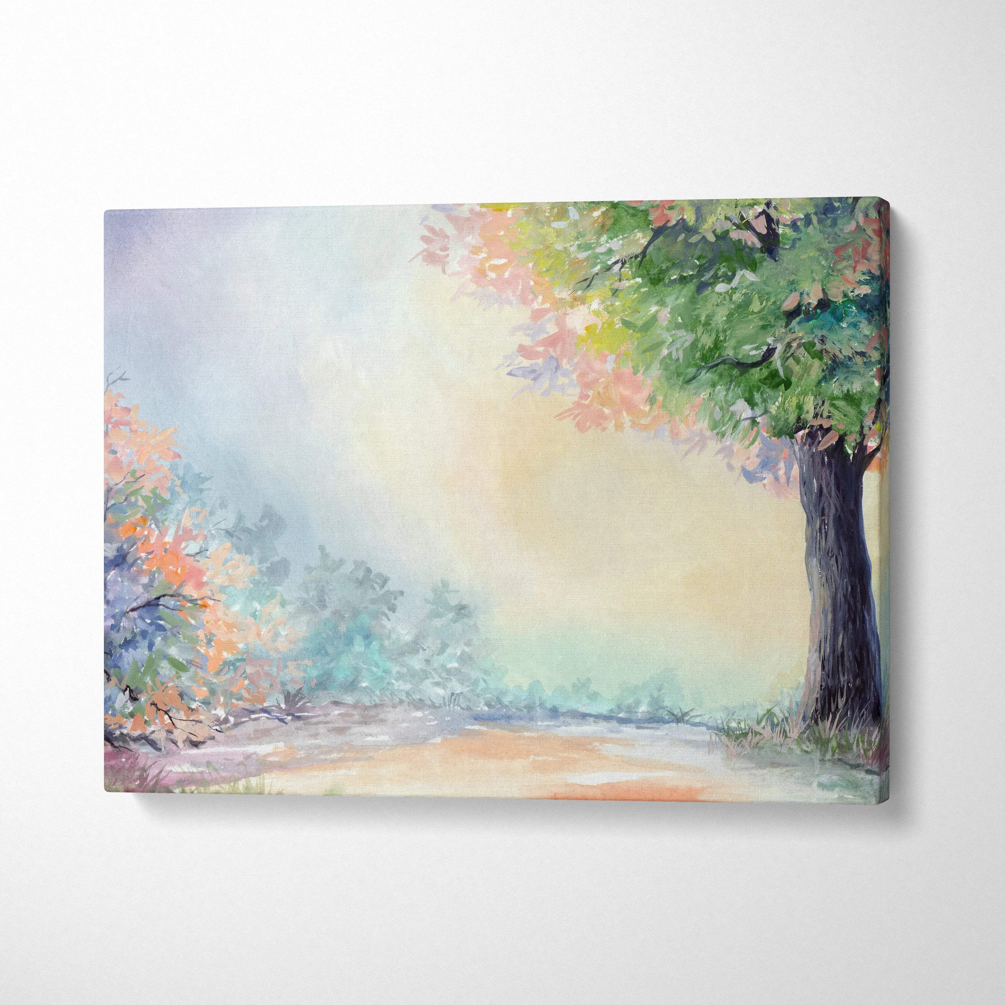 Autumn forest watercolor canvas with colorful trees, misty path, golden light