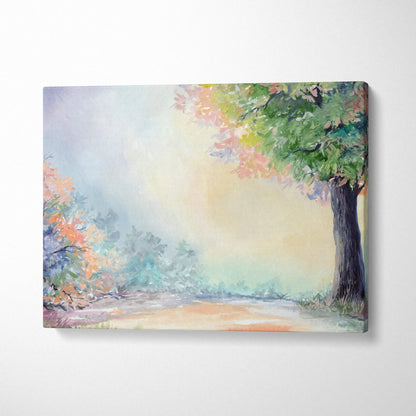 Autumn forest watercolor canvas with colorful trees, misty path, golden light