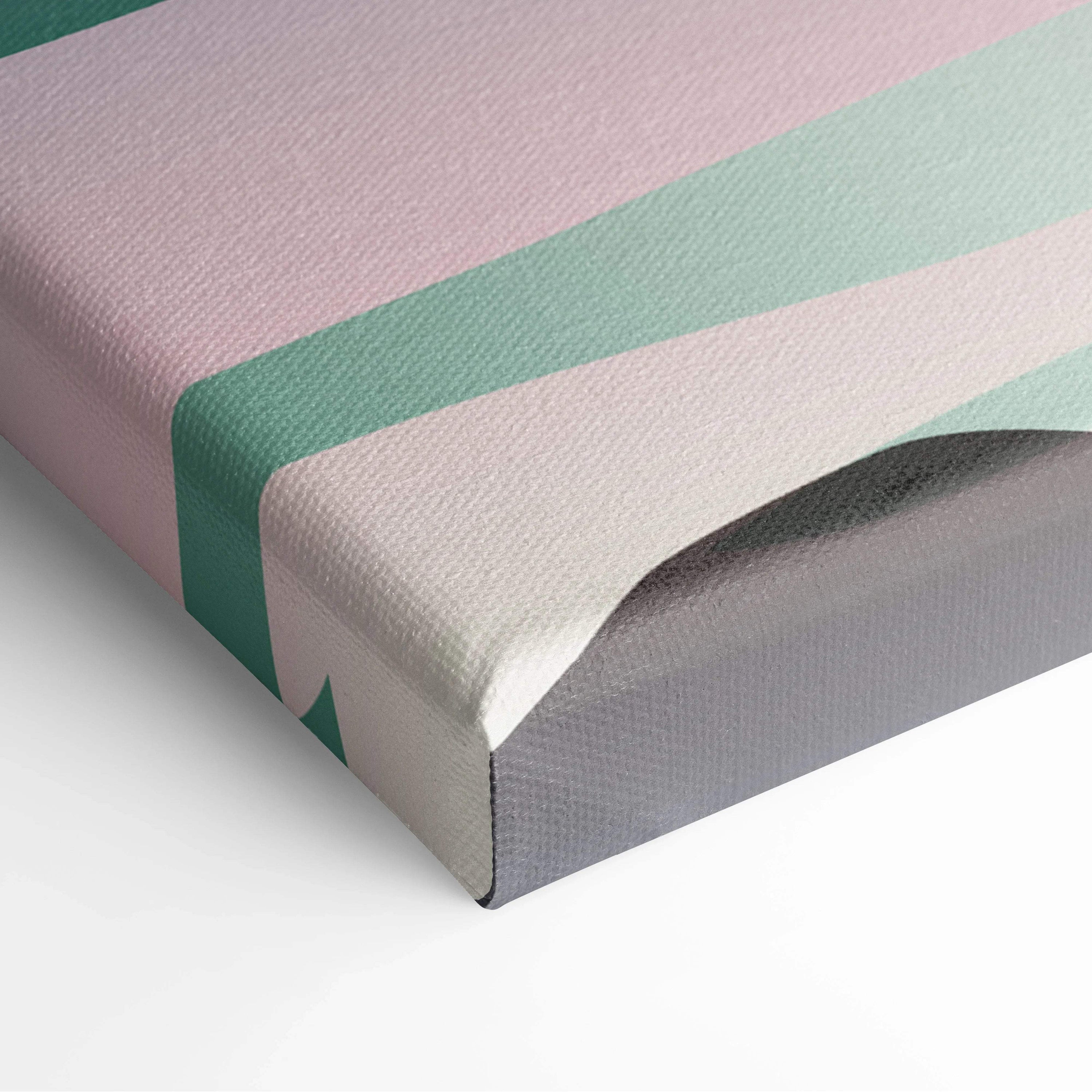 Pastel serene Asian landscape canvas print with cherry blossoms, lake, pink mint stripes