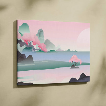 Pastel serene Asian landscape canvas print with cherry blossoms by calm lake