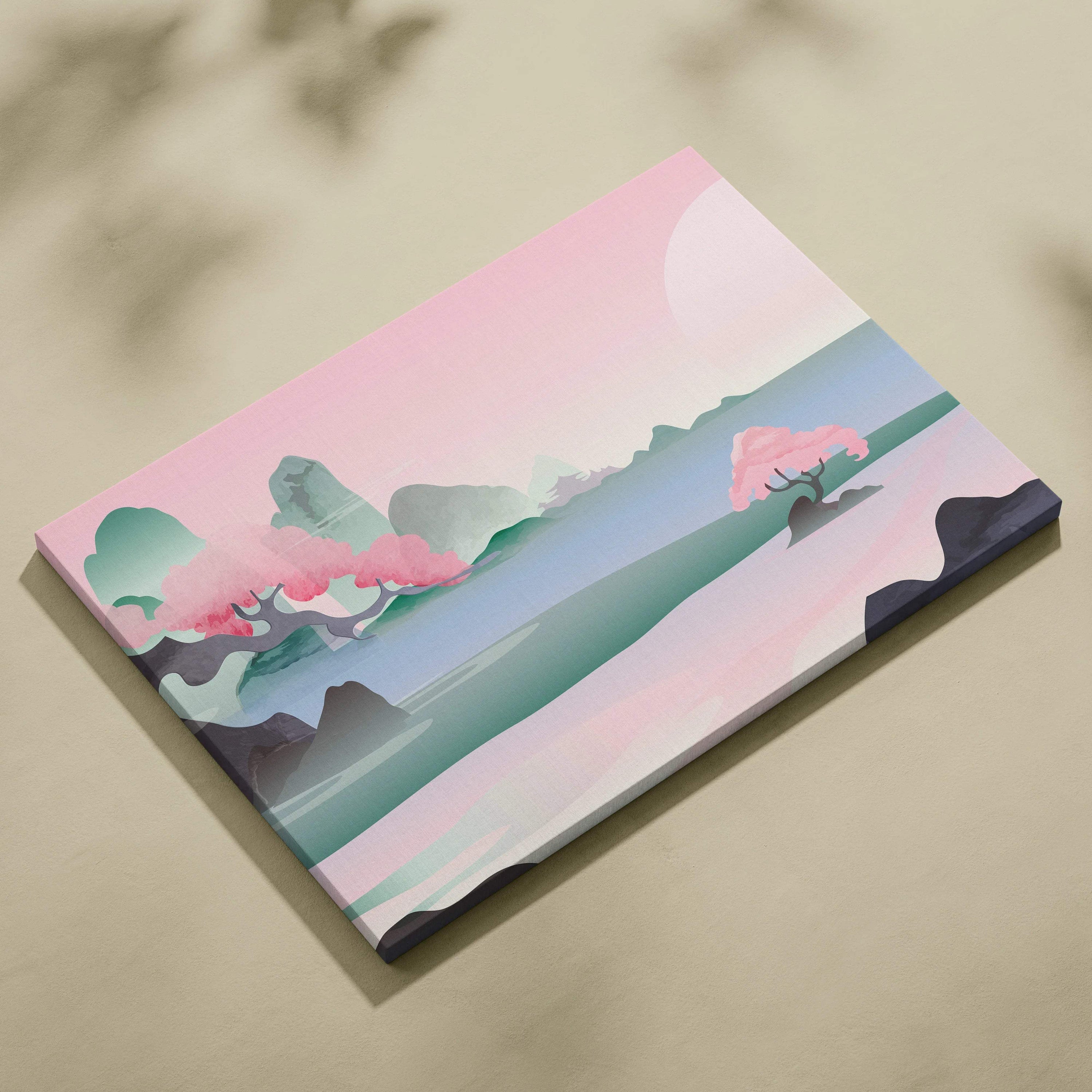 Pastel serene Asian landscape canvas with cherry blossoms, teal mountains, lake