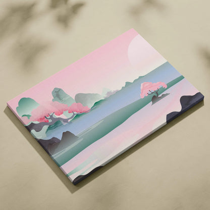 Pastel serene Asian landscape canvas with cherry blossoms, teal mountains, lake