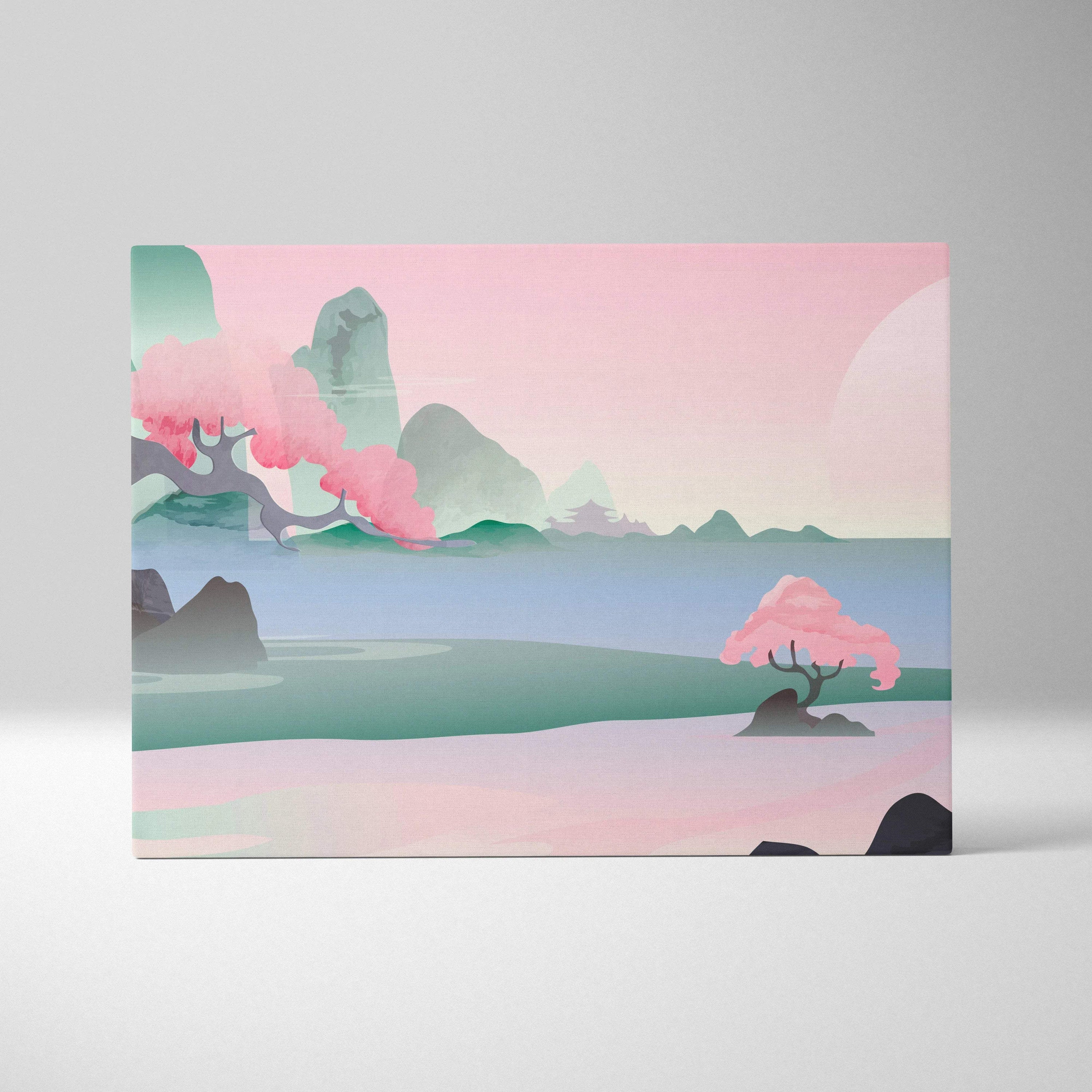 Pastel pink teal serene Asian landscape canvas with cherry blossoms by calm lake