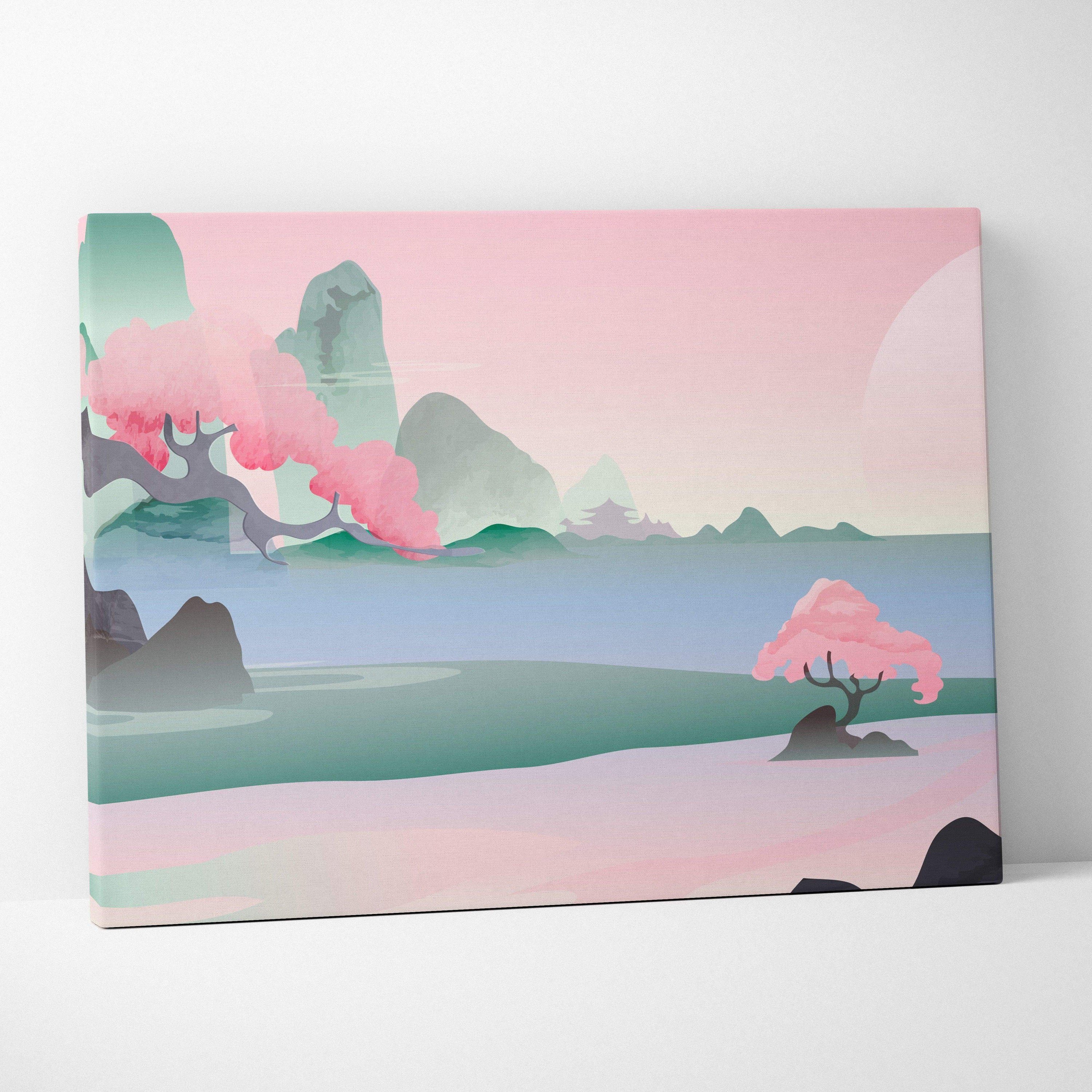 Pastel pink teal serene Asian landscape canvas with cherry blossom trees by calm lake