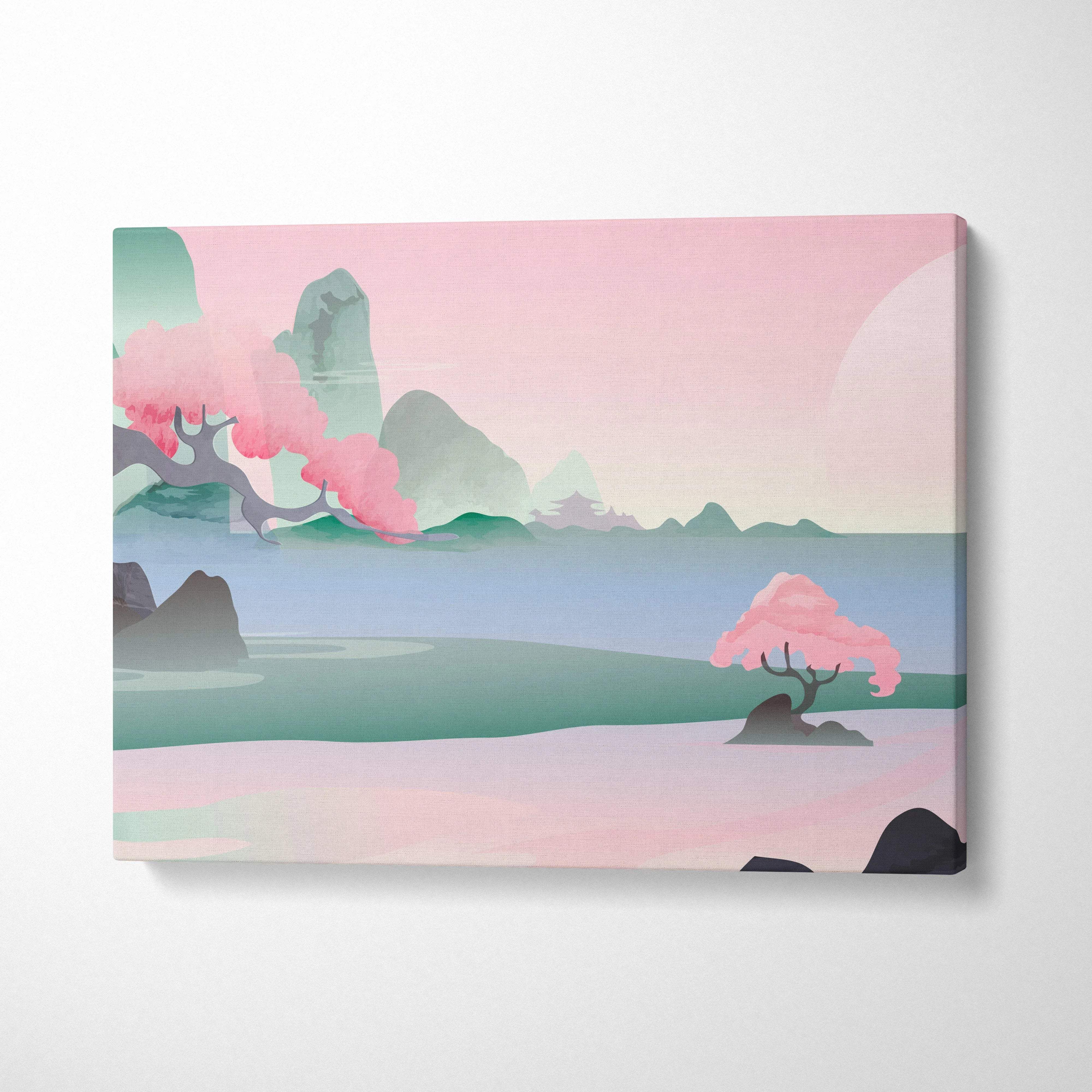 Pastel pink teal serene Asian landscape cherry blossom trees calm lake canvas art
