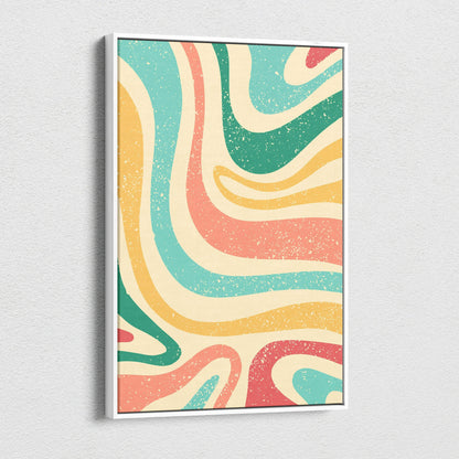 Retro abstract wave pattern canvas wall art in teal coral mustard cream