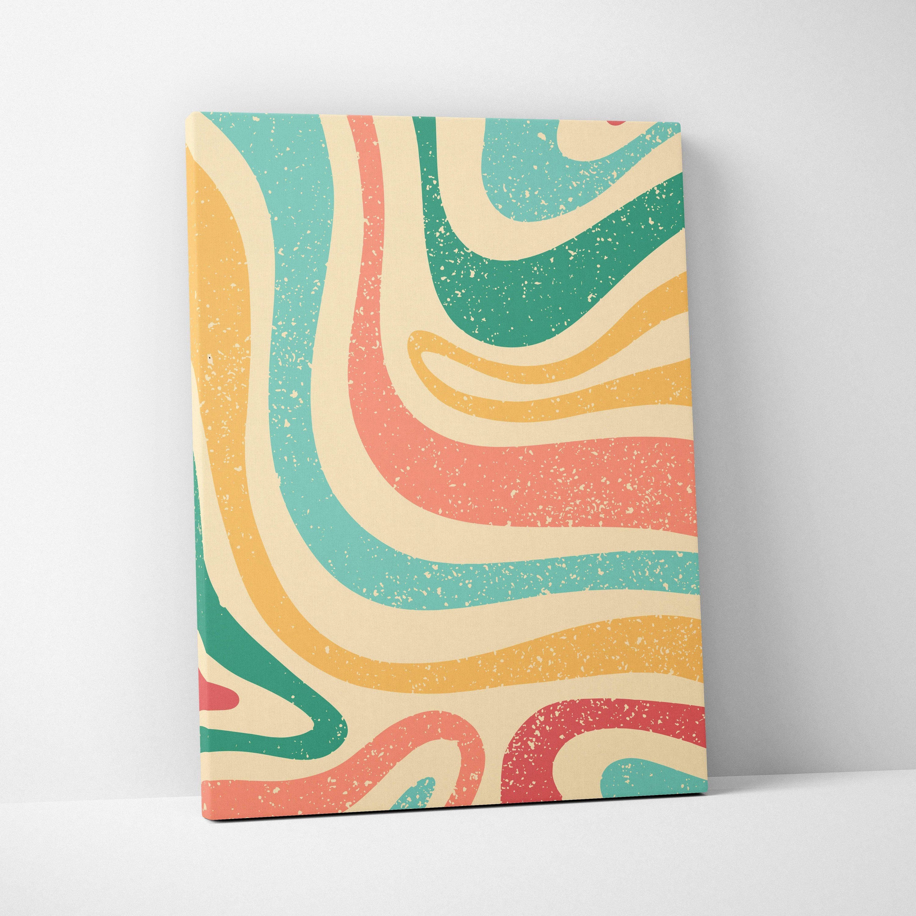 Retro abstract wave pattern canvas in teal coral mustard cream