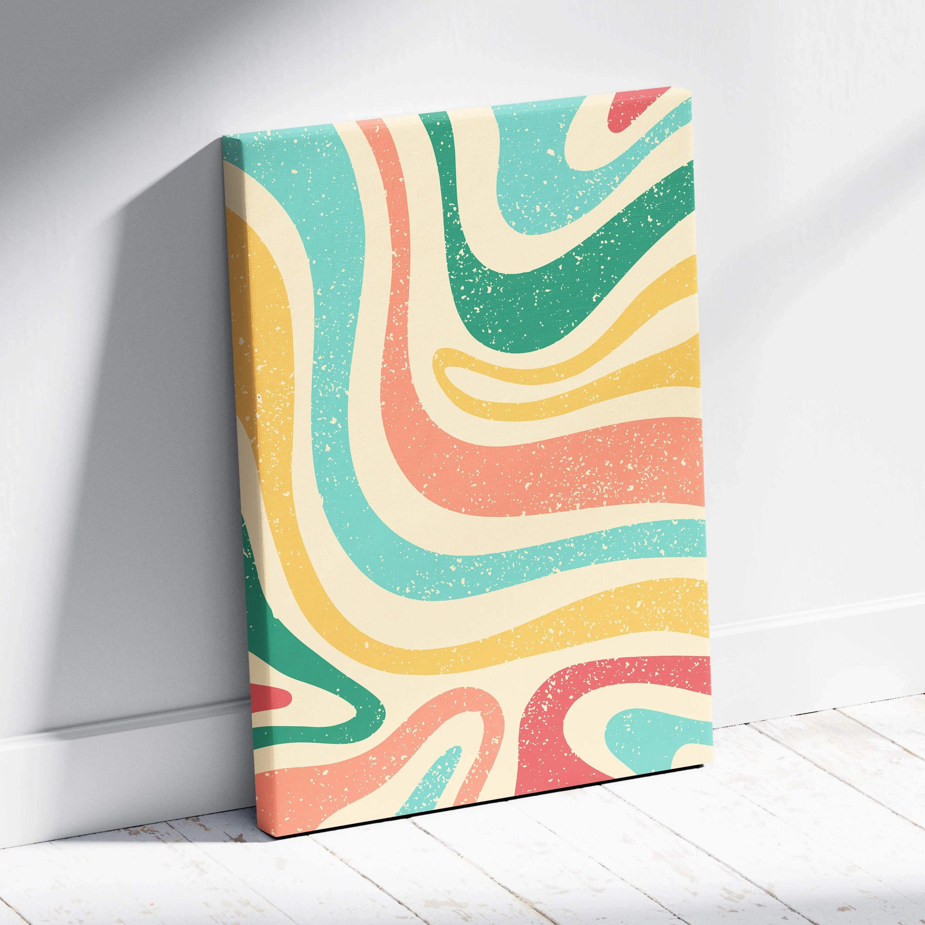 Retro abstract wave pattern canvas wall art in teal coral mustard cream