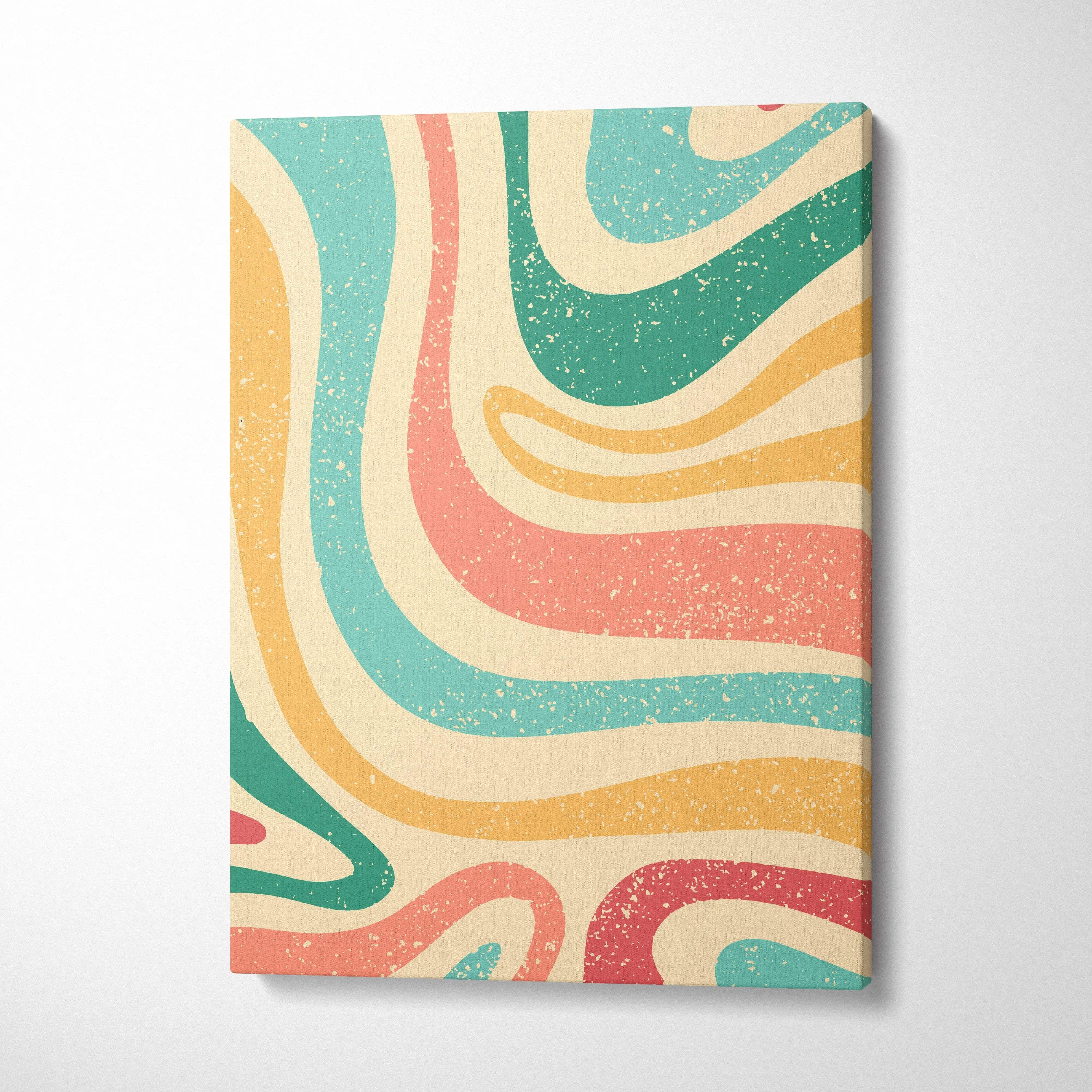 Retro abstract wave pattern canvas in teal coral mustard cream