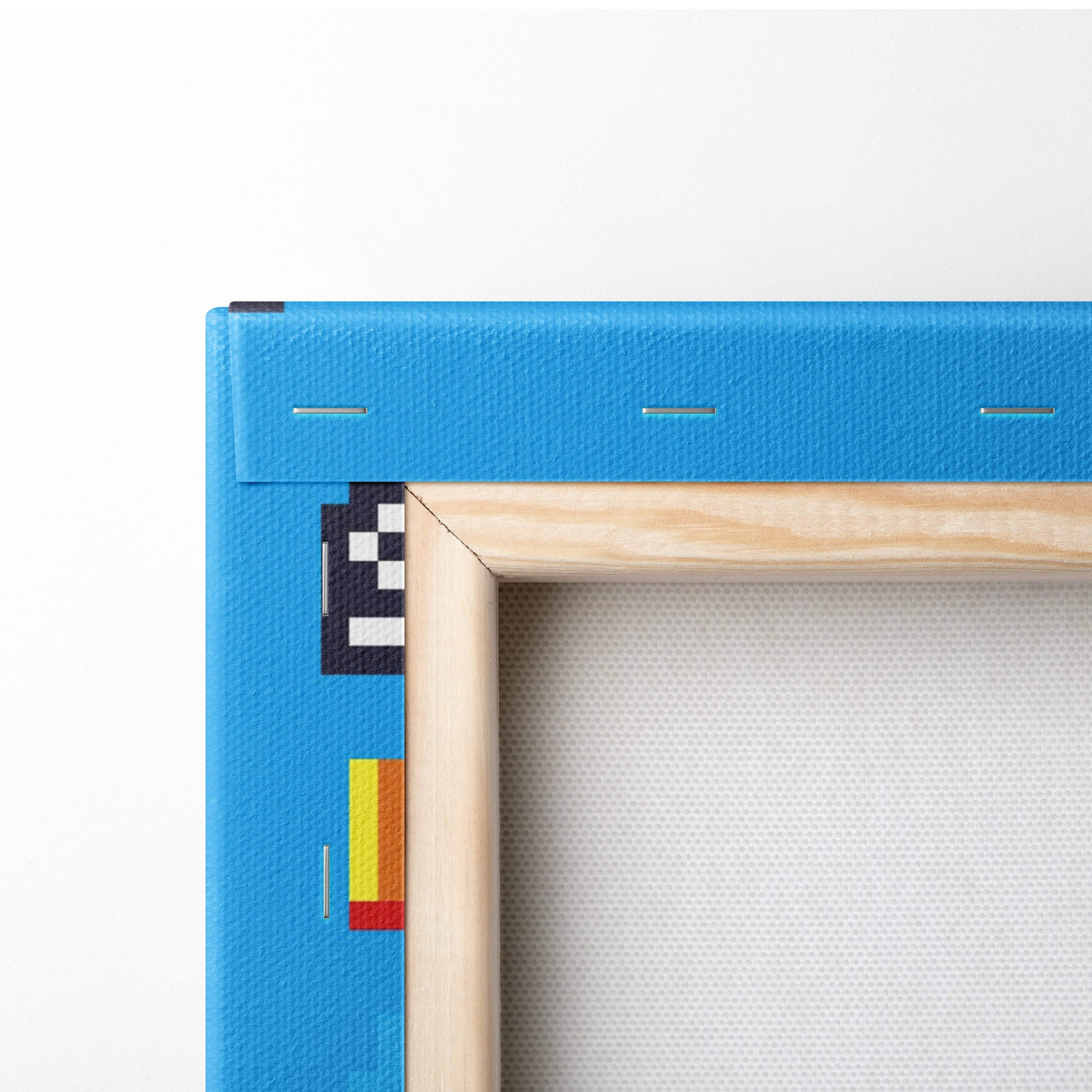 Blue pixel art canvas with wooden frame displaying victory screen triumph game scene with treasure chest and hearts ui