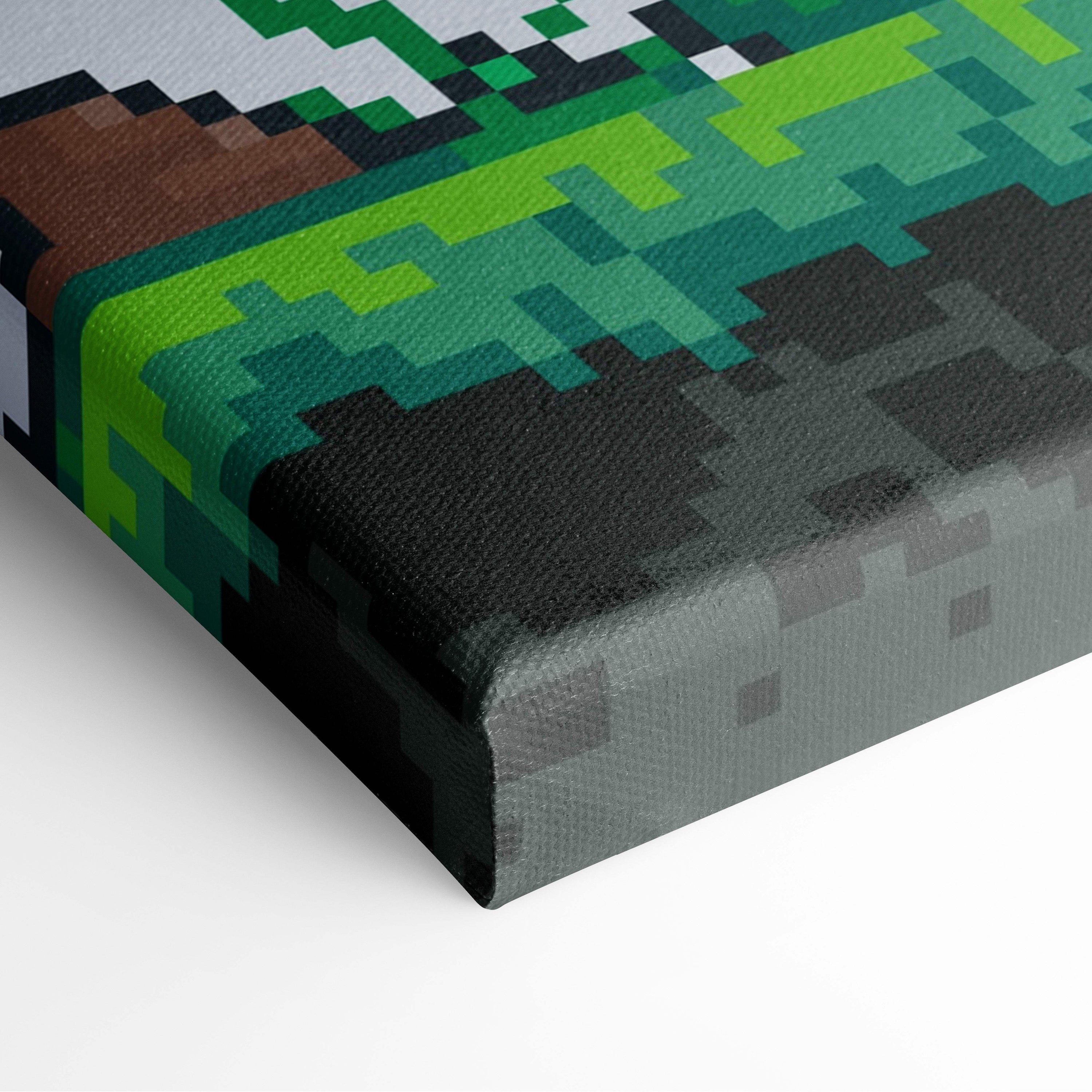 Pixelated minecraft-style canvas print with green grass brown dirt gray stone in a blocky grid from victory screen triumph design