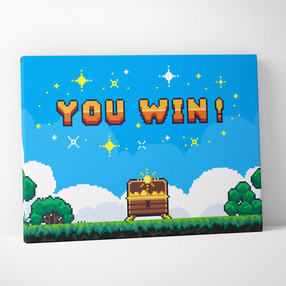 A retro pixel art victory screen with orange yellow you win letters above an open treasure chest on green grass