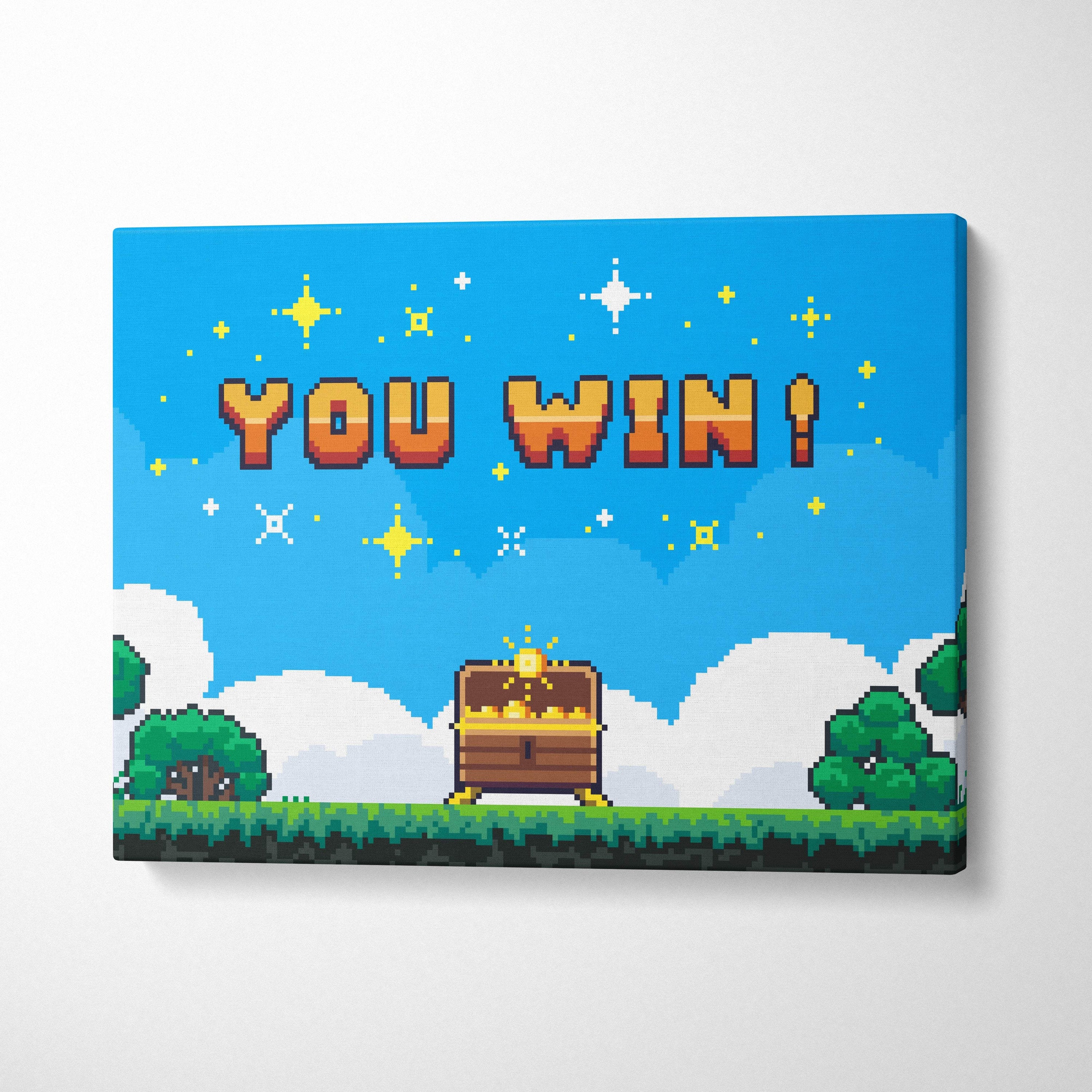 A vibrant retro pixel art canvas print of a wooden treasure chest overflowing with gold coins under a blue sky