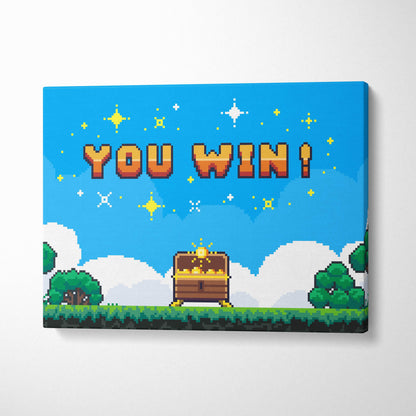 A vibrant retro pixel art canvas print of a wooden treasure chest overflowing with gold coins under a blue sky