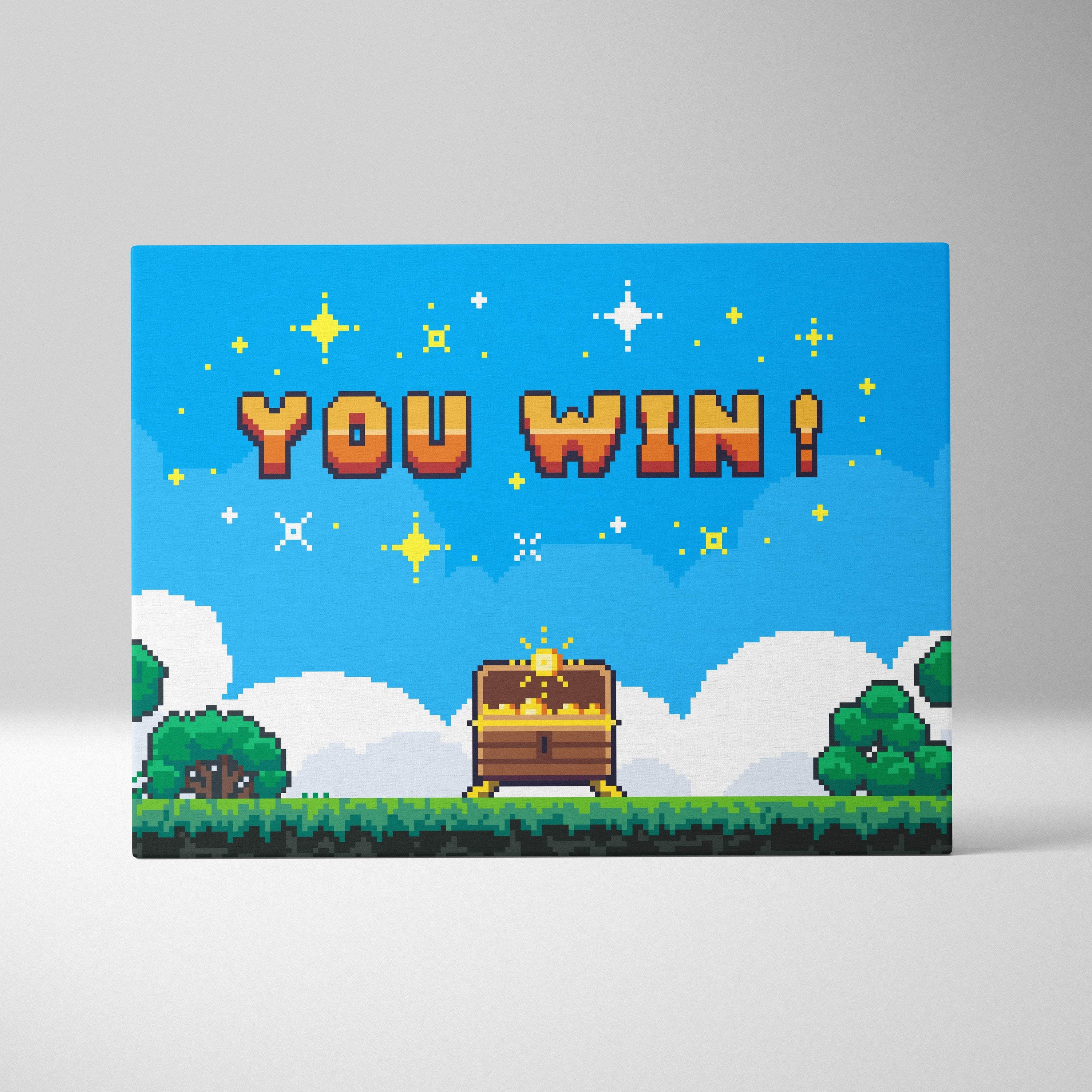 Victory screen triumph retro pixel art featuring a wooden treasure chest with gold coins and a glowing lock against a blue sky