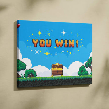 A vibrant retro pixel art victory screen with bold orange you win text, golden treasure chest, and green trees below