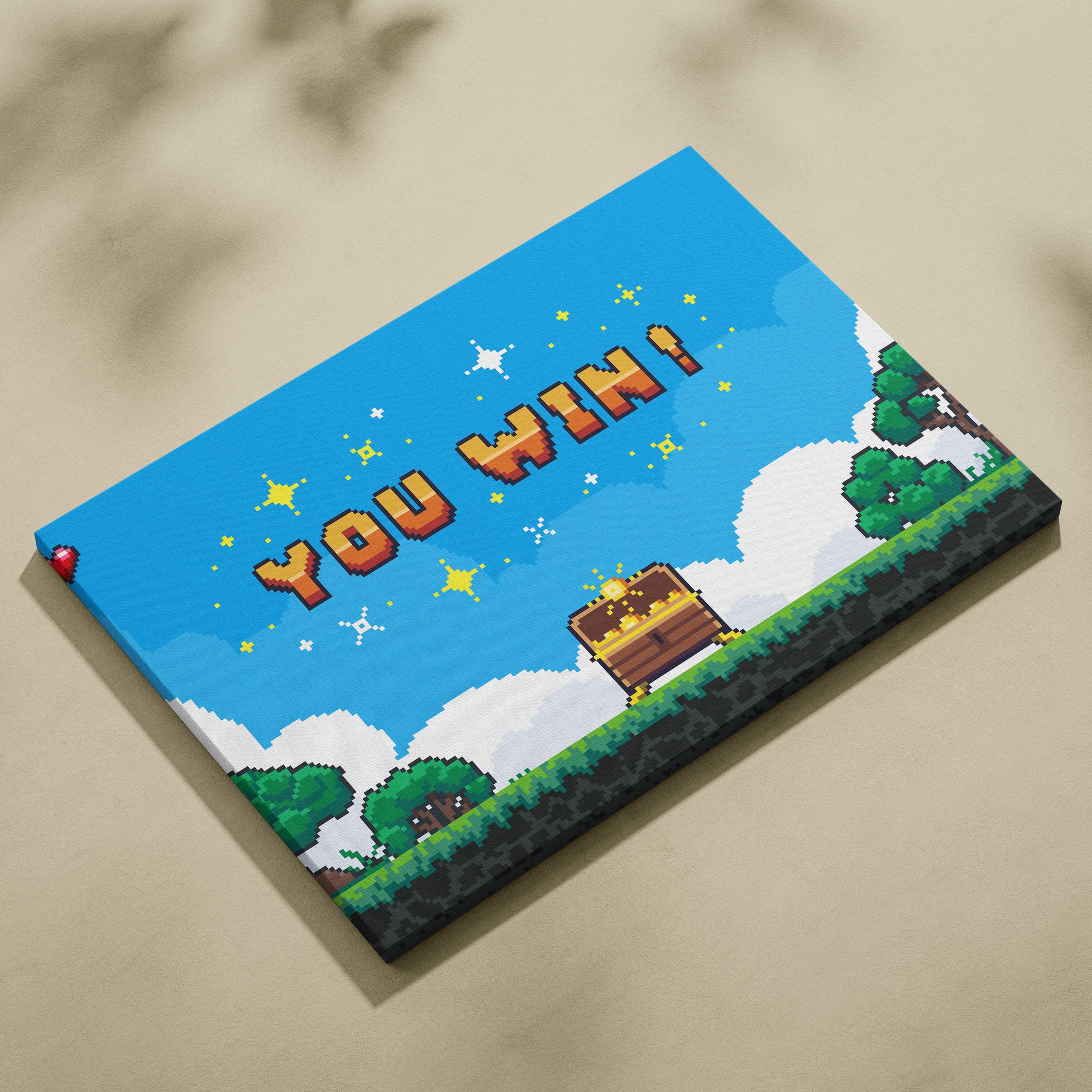 Victory screen triumph pixel art canvas with vibrant blue sky green trees treasure chest and you win orange text