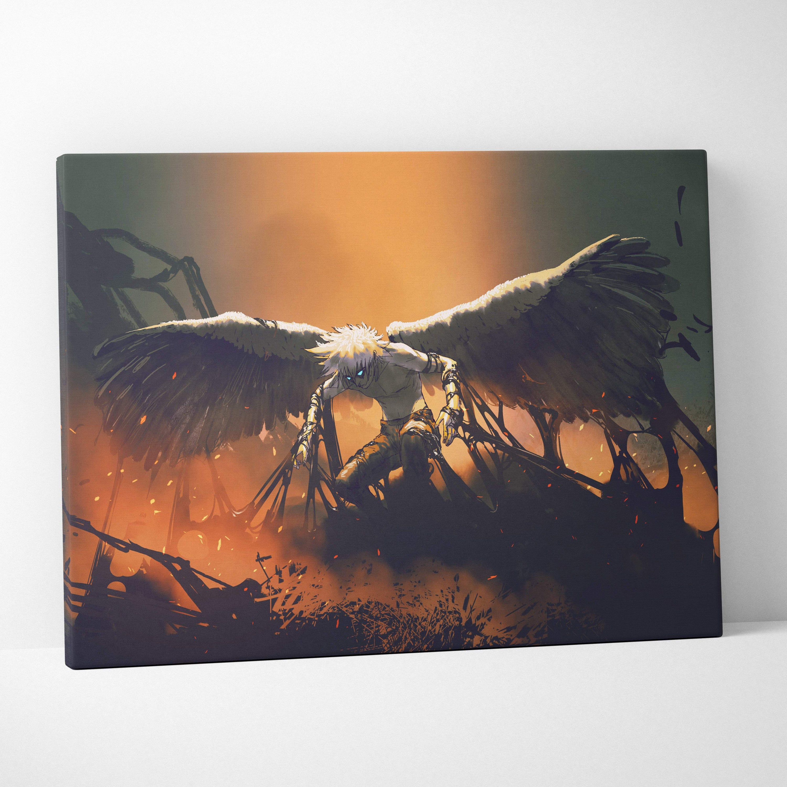 Fallen angel canvas print featuring white-haired anime character with large feathered wings on dramatic orange background