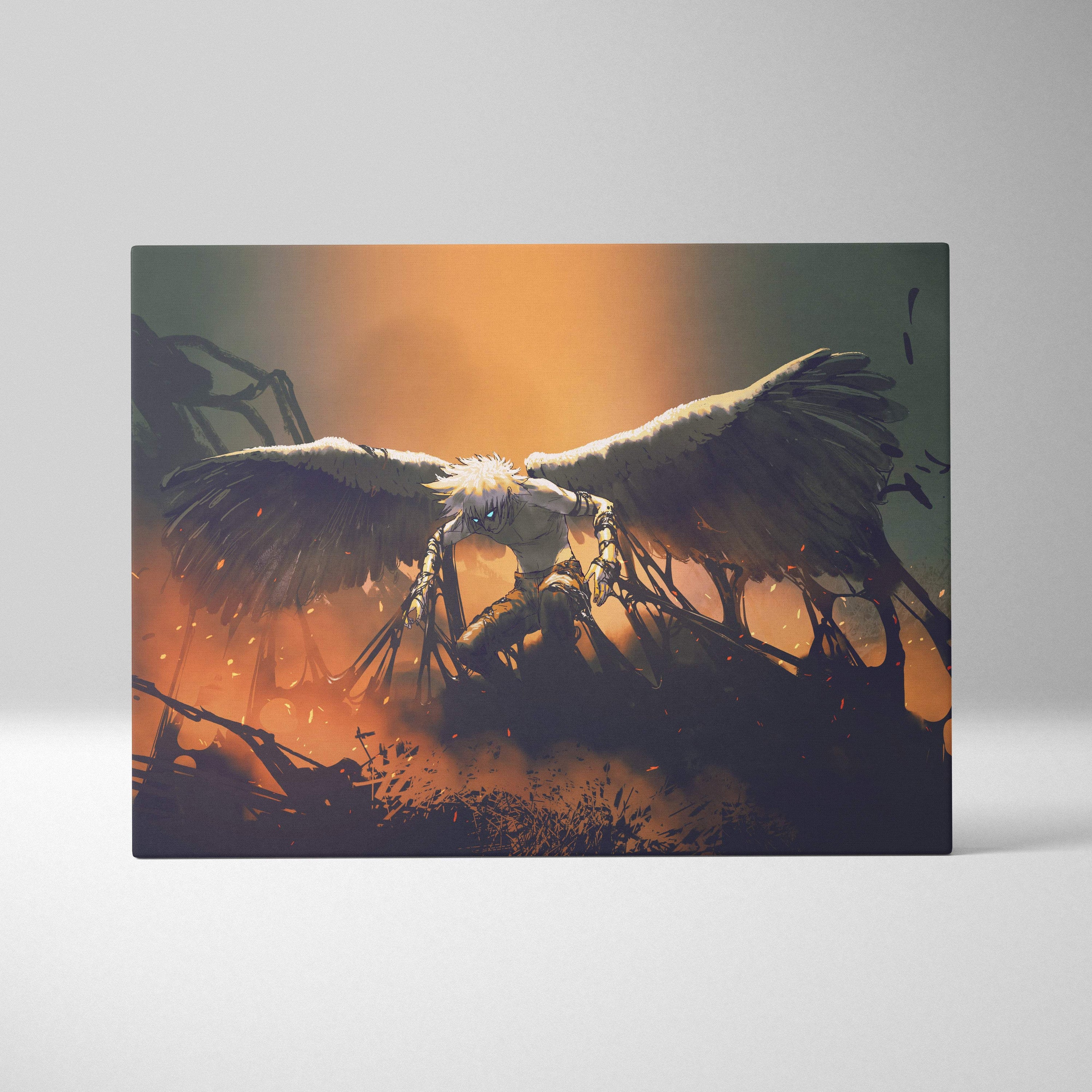 Fallen angel canvas print featuring an anime white-haired winged warrior in black gold with fiery orange glow background