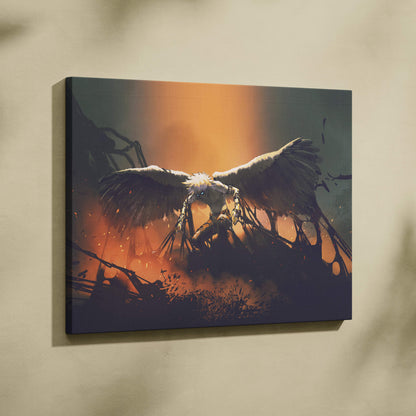 A framed canvas print of a white haired anime fallen angel with large dark wings against an orange sky wall art